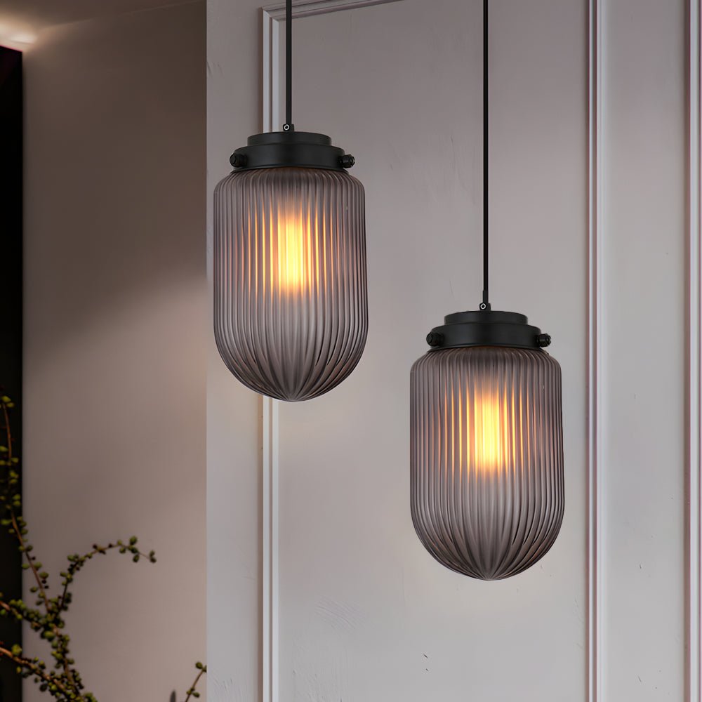Modern Pinecone Shape Ribbed Glass Pendant Light – Smoke Gray