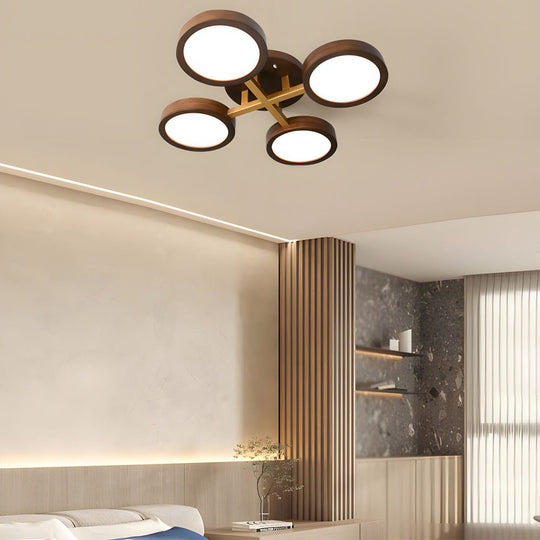 Modern Walnut Circles Sputnik Flush Mount LED Ceiling Light