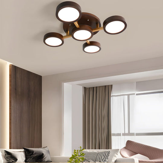 Modern Walnut Circles Sputnik Flush Mount LED Ceiling Light