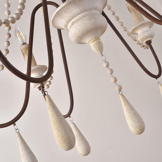 Rustic Farmhouse Wood Bead Chandelier with Teardrops Candle Style Lights