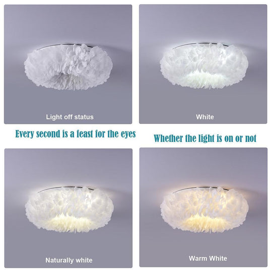 Round Feathers LED Nordic Ceiling Light Flush Mount Chandelier