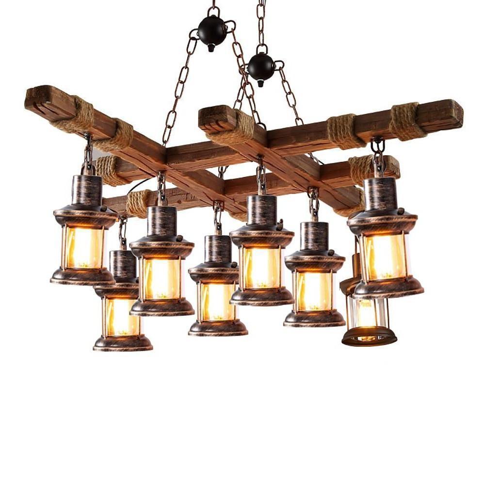 Vintage Wood and Glass LED Farmhouse Pendant Chandelier with 8 Lights
