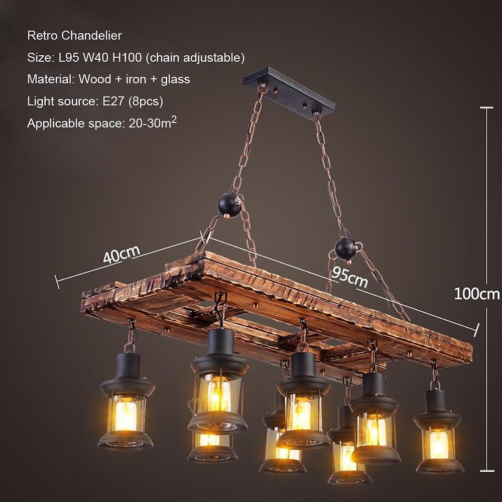 8 Light Vintage Rustic Wooden Chandelier Lantern LED Farmhouse Hanging Lamp