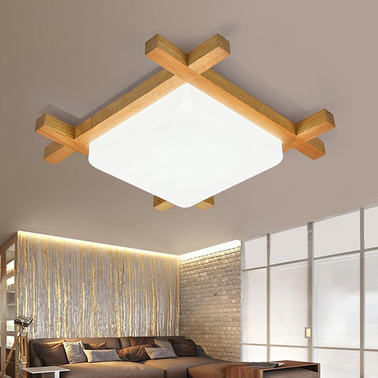 Square Rustic Wood Dimmable LED Modern Flush Mount Ceiling Light