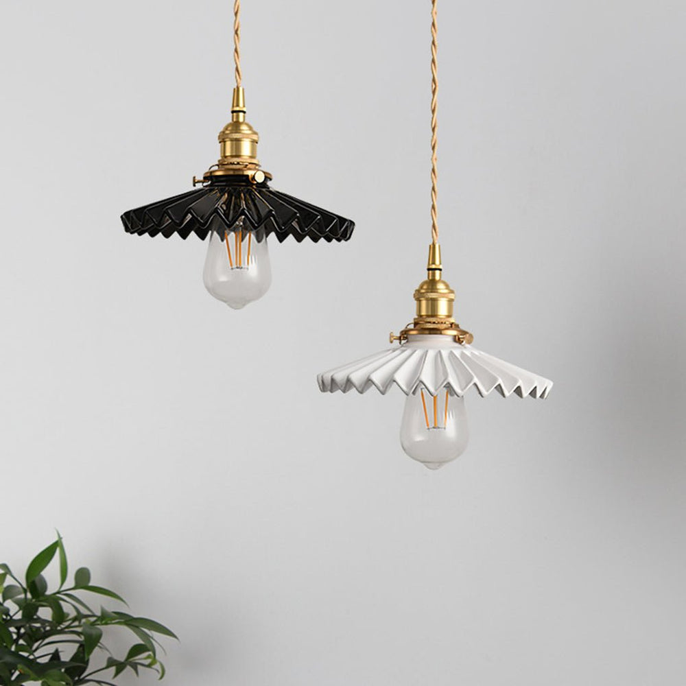 Nordic Vintage Ceramic Pleated Design Brass LED Pendant Light for Bedside or Dining Table