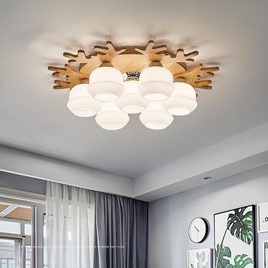 Globes Cluster Modern Wood Glass LED Flush Mount Ceiling Light