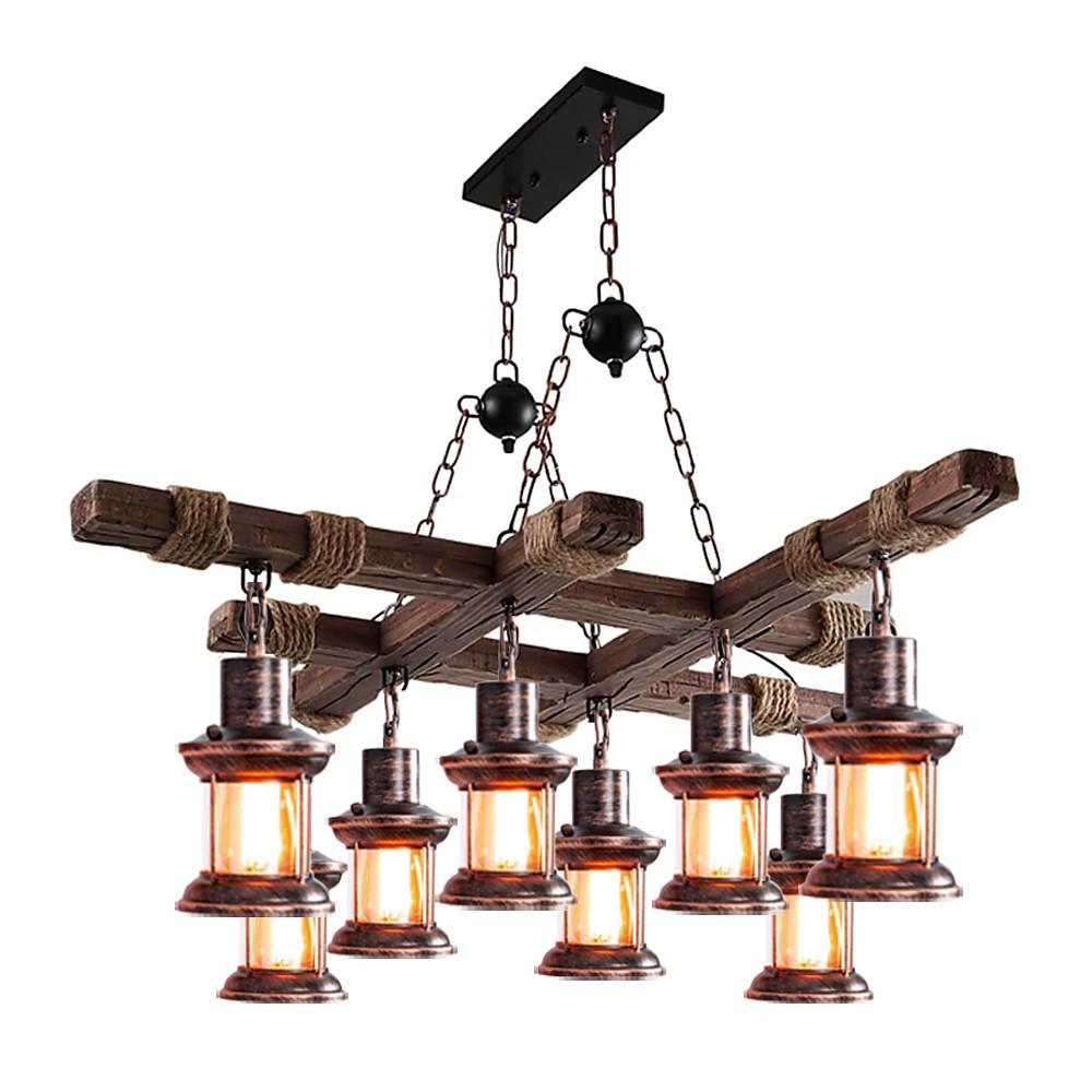 Vintage Wood and Glass LED Farmhouse Pendant Chandelier with 8 Lights