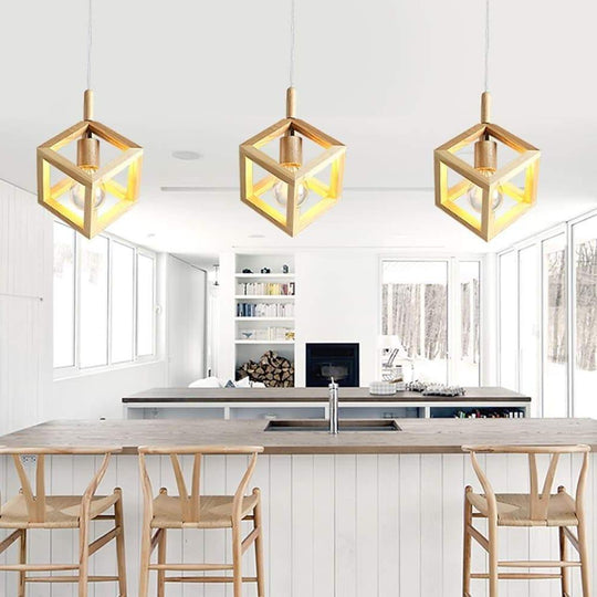 Adjustable Wood Square LED Modern Pendant Light
