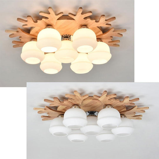 Globes Cluster Modern Wood Glass LED Flush Mount Ceiling Light