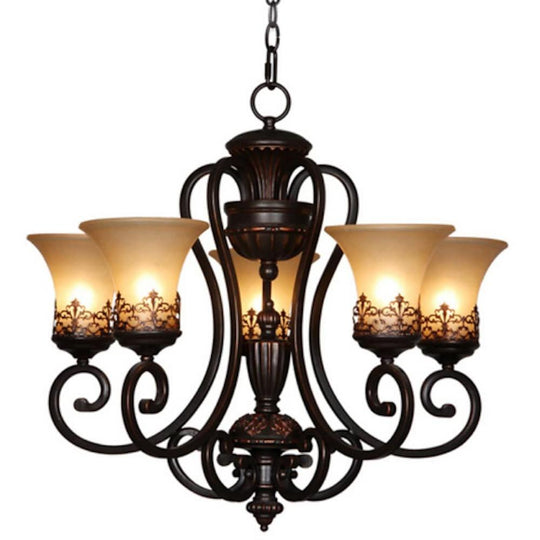 5-Light Bending Metal Bar Upside Down Glass Shade Vintage Chandelier Ceiling Light