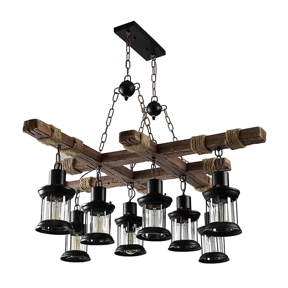 Vintage Wood and Glass LED Farmhouse Pendant Chandelier with 8 Lights