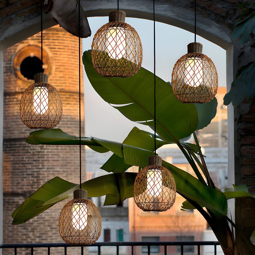 Rustic Rattan LED Outdoor Pendant Ceiling Lantern Light