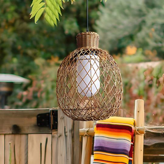 Rustic Rattan LED Outdoor Pendant Ceiling Lantern Light