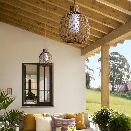 Rustic Rattan LED Outdoor Pendant Ceiling Lantern Light