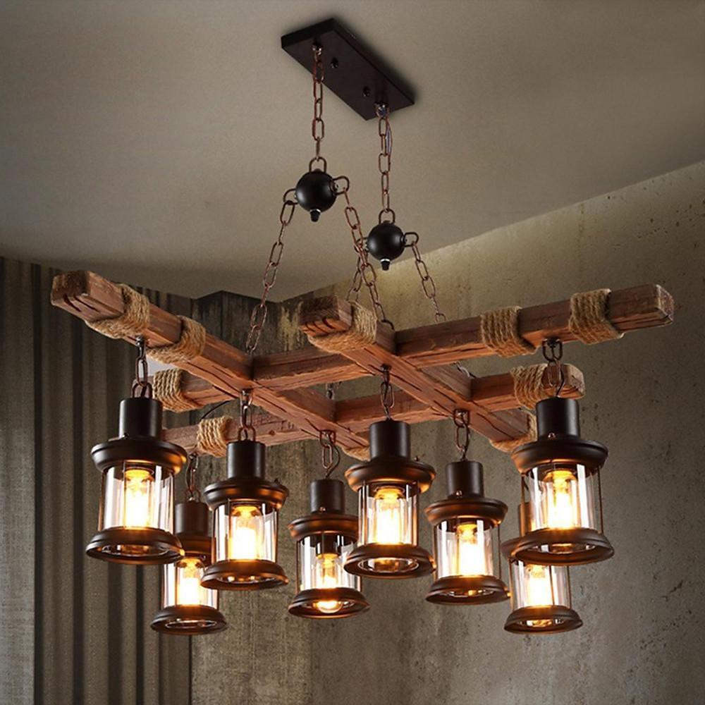 Vintage Wood and Glass LED Farmhouse Pendant Chandelier with 8 Lights