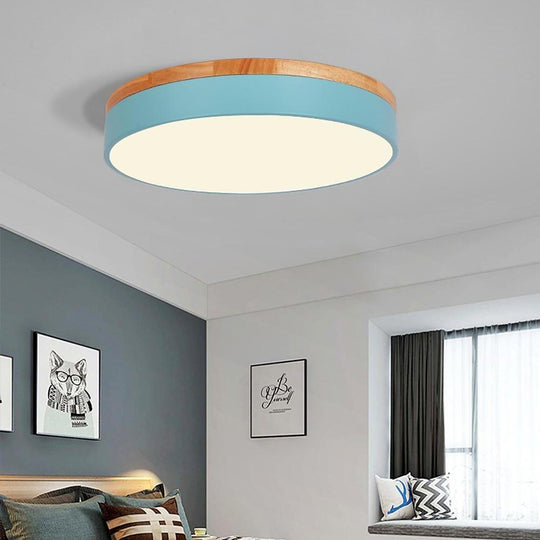Circular Drum Flush Mount LED Ceiling Light with Metal and Wood Accents