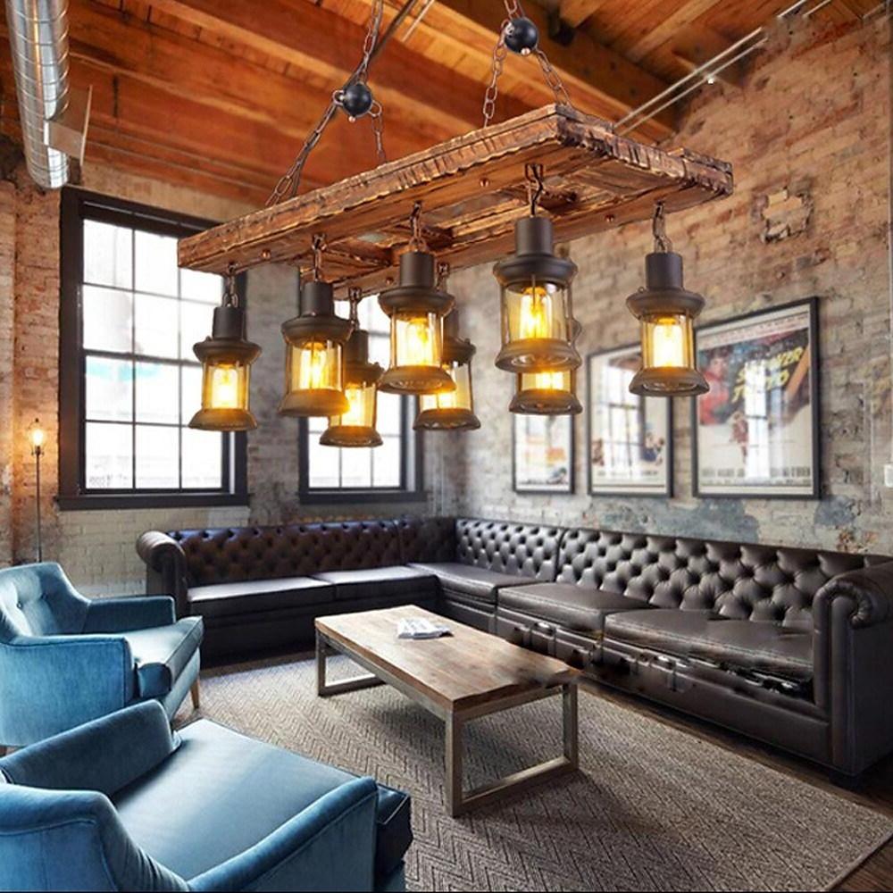 8 Light Vintage Rustic Wooden Chandelier Lantern LED Farmhouse Hanging Lamp