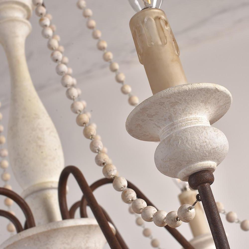 Rustic Farmhouse Wood Bead Chandelier with Teardrops Candle Style Lights