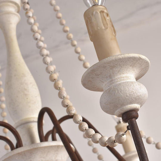 Rustic Farmhouse Wood Bead Chandelier with Teardrops Candle Style Lights