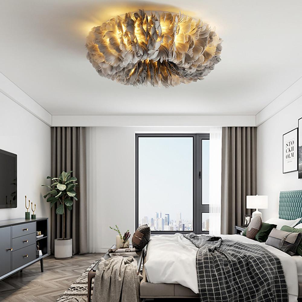 Round Feathers LED Nordic Ceiling Light Flush Mount Chandelier