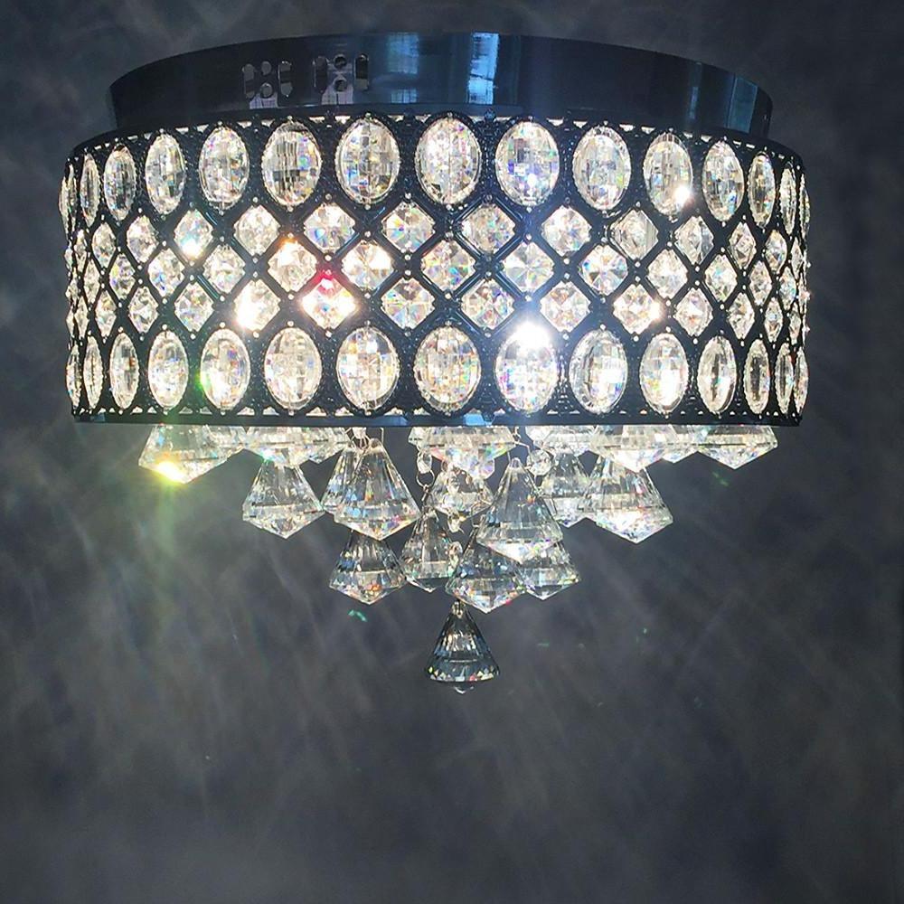 4-Light Drum Shaped Crystal Metal Modern Flush Mount Chandelier