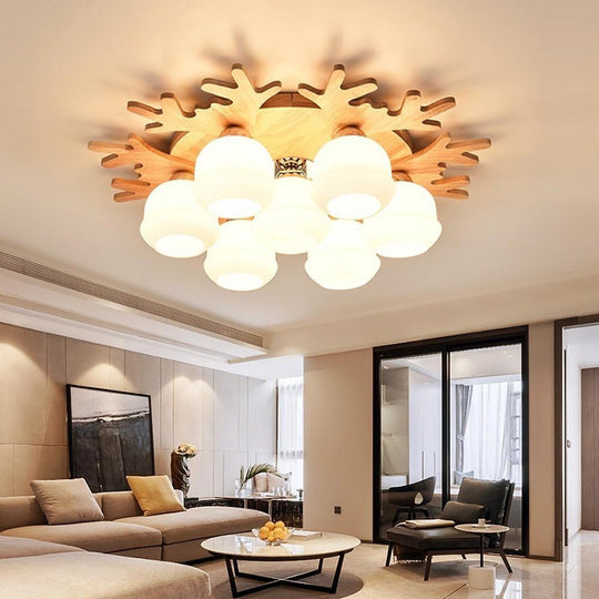 Globes Cluster Modern Wood Glass LED Flush Mount Ceiling Light