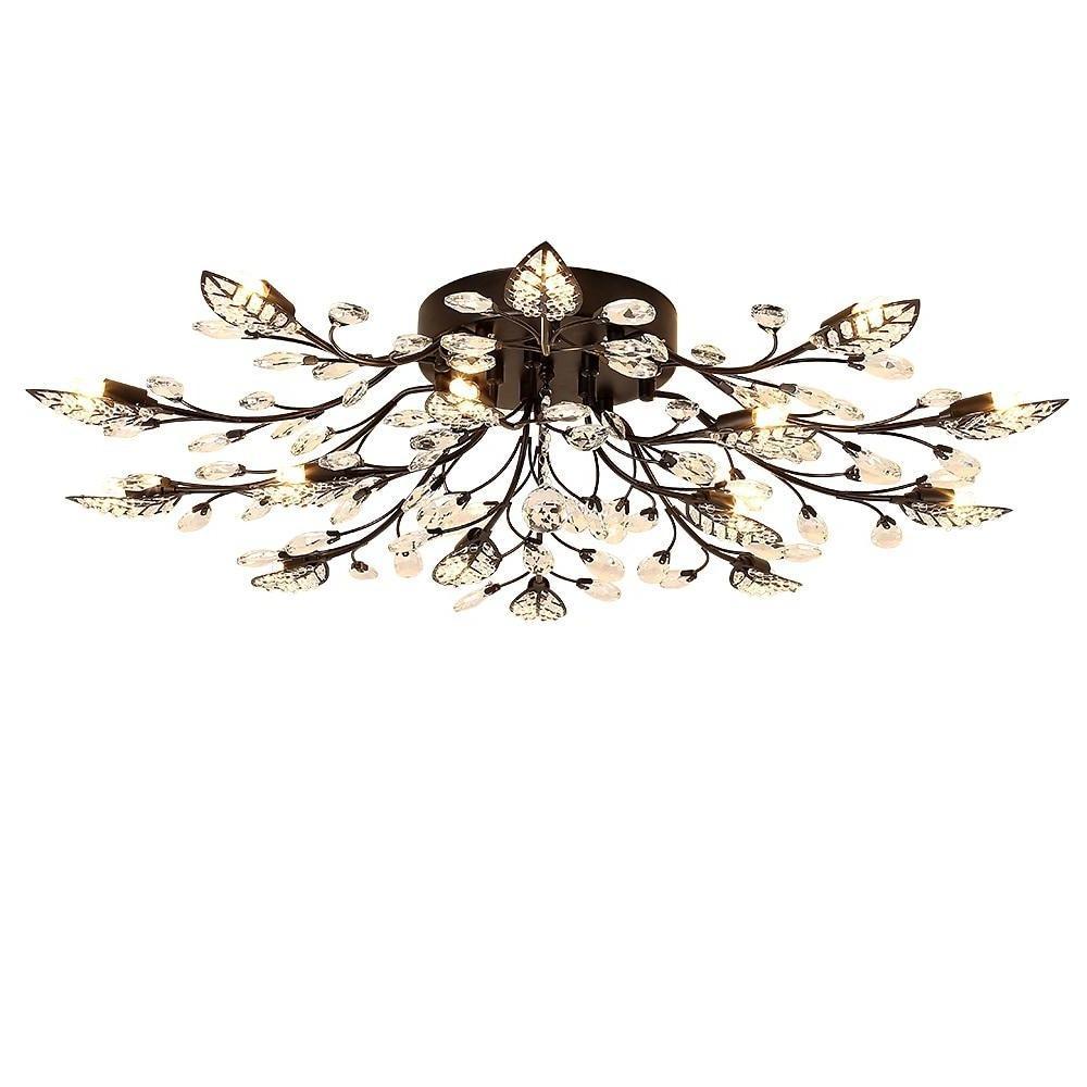 Crystal Leaves – Brushed Flush Mount Ceiling Chandelier for Living Room, Bedroom, and Dining Room