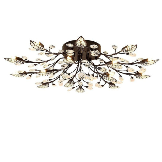 Crystal Leaves – Brushed Flush Mount Ceiling Chandelier for Living Room, Bedroom, and Dining Room
