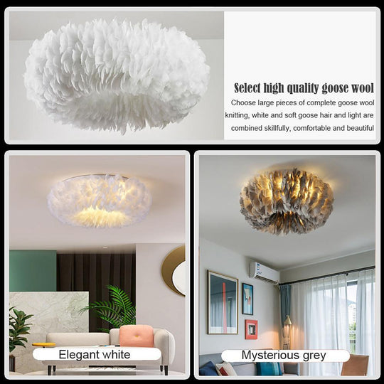 Round Feathers LED Nordic Ceiling Light Flush Mount Chandelier
