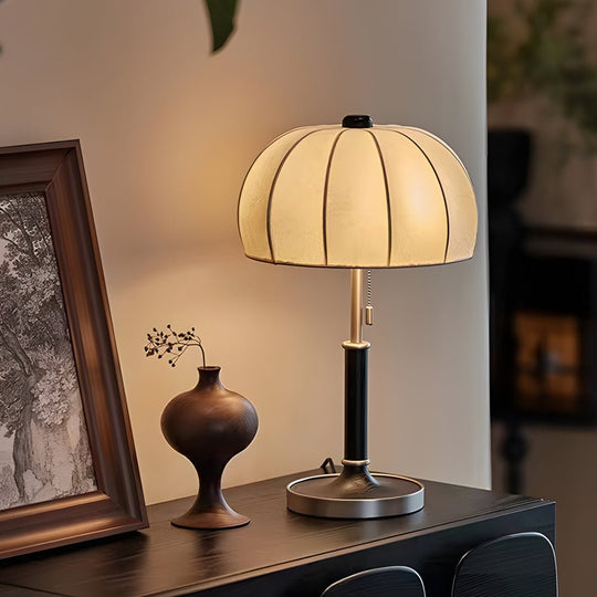Retro Brass Dome Fabric Table Lamp with Pull Chain Switch