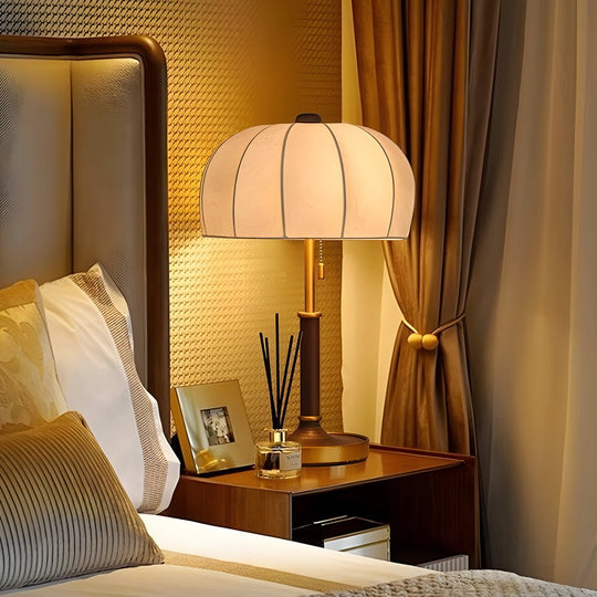 Retro Brass Dome Fabric Table Lamp with Pull Chain Switch