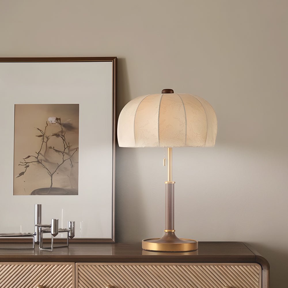 Retro Brass Dome Fabric Table Lamp with Pull Chain Switch