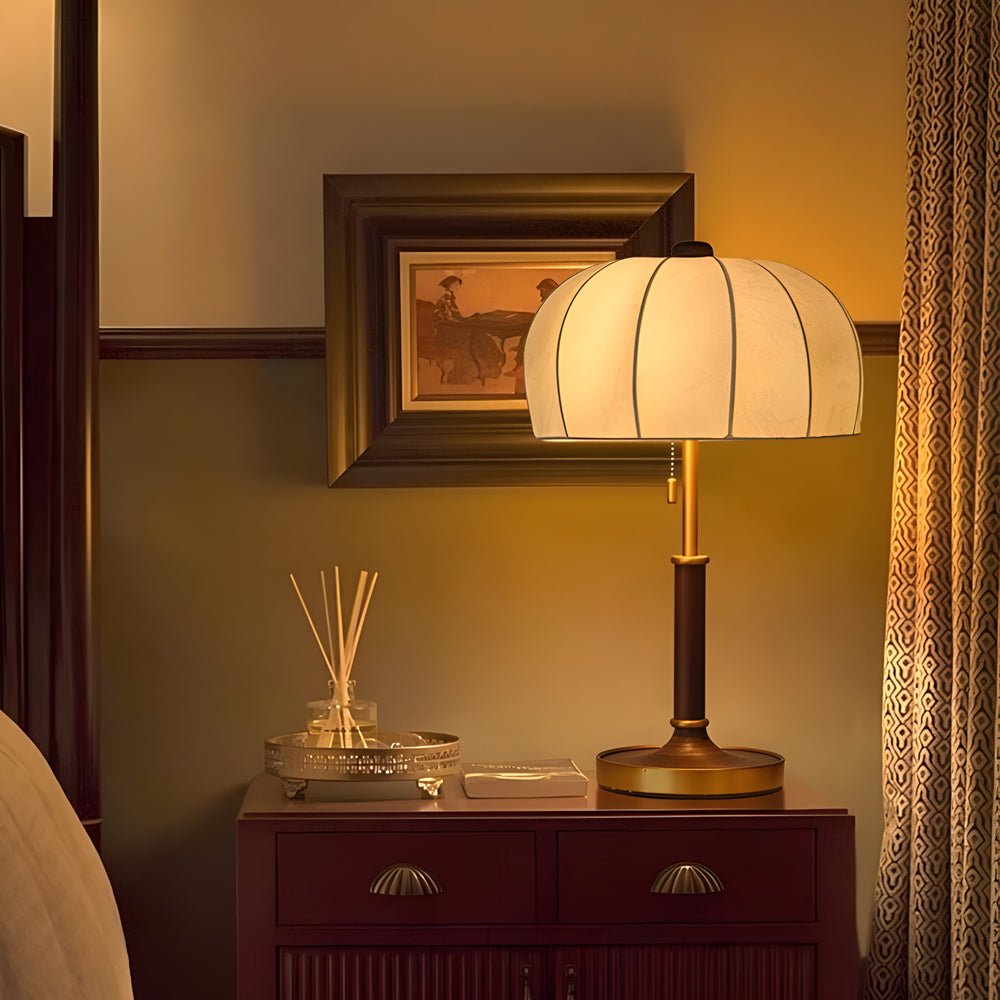 Retro Brass Dome Fabric Table Lamp with Pull Chain Switch