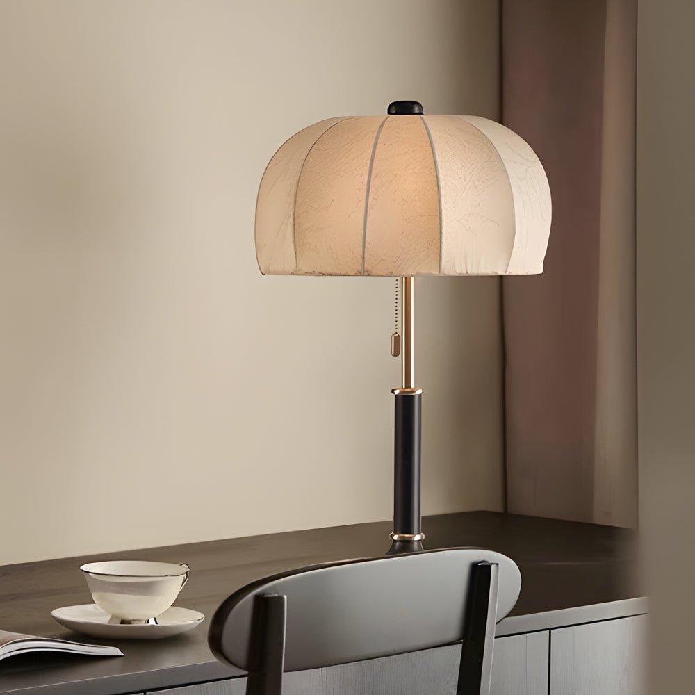 Retro Brass Dome Fabric Table Lamp with Pull Chain Switch