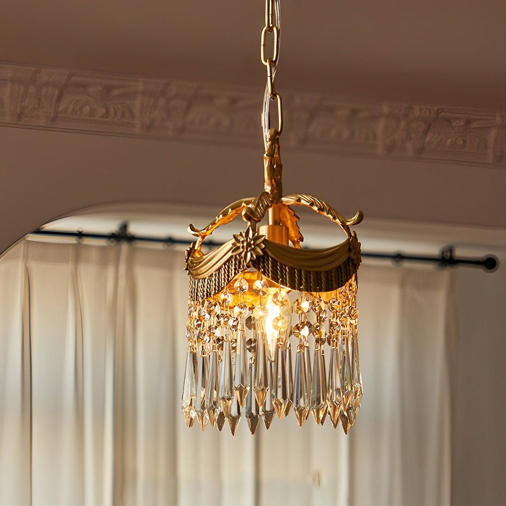Retro Crystal Pendant Tassels Three Step Dimming French Style Pendant Light