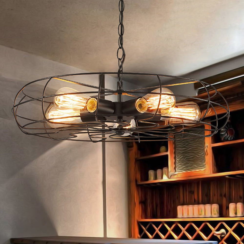 Retro Industrial Cage Ceiling Fan Chandelier – Vintage E27 Light for Cafes & Living Rooms