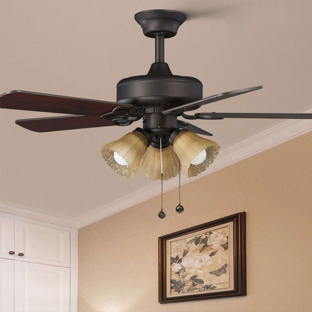 Retro Wood Blade Hanging Ceiling Fan Lamp with Pull Rope Control