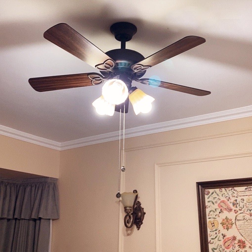 Retro Wood Blade Hanging Ceiling Fan Lamp with Pull Rope Control