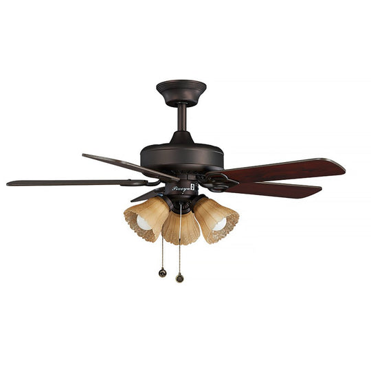 Retro Wood Blade Hanging Ceiling Fan Lamp with Pull Rope Control