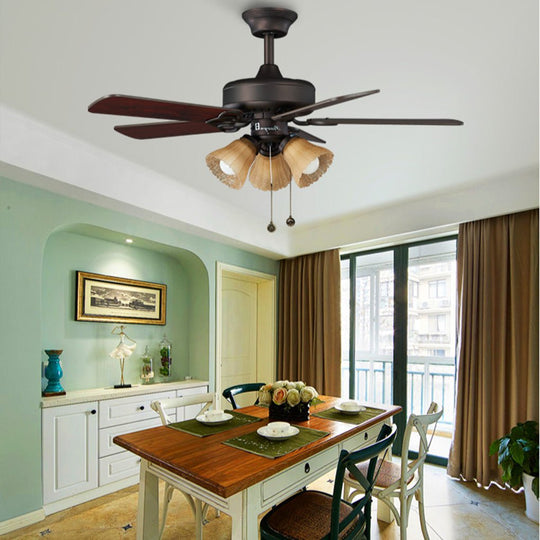 Retro Wood Blade Hanging Ceiling Fan Lamp with Pull Rope Control