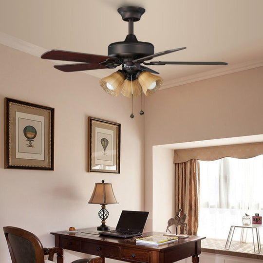 Retro Wood Blade Hanging Ceiling Fan Lamp with Pull Rope Control