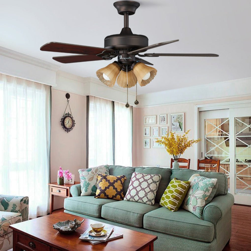 Retro Wood Blade Hanging Ceiling Fan Lamp with Pull Rope Control