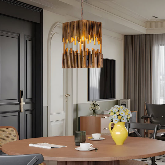 Retro Bamboo Tube Pendant Light – 1-Light Cuboid Design
