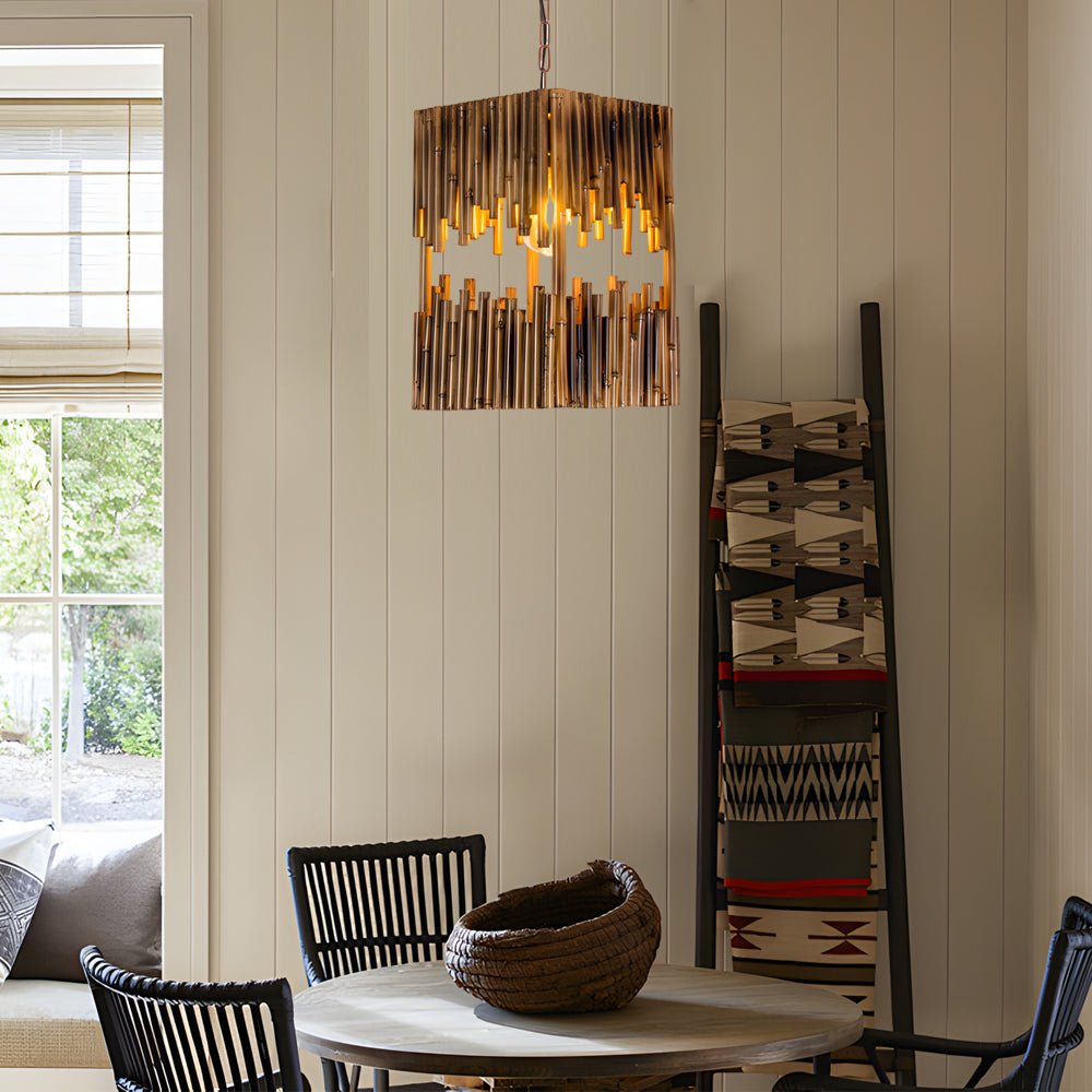 Retro Bamboo Tube Pendant Light – 1-Light Cuboid Design