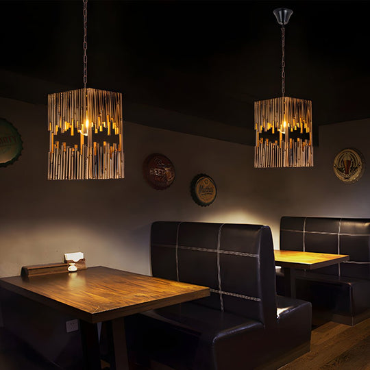 Retro Bamboo Tube Pendant Light – 1-Light Cuboid Design