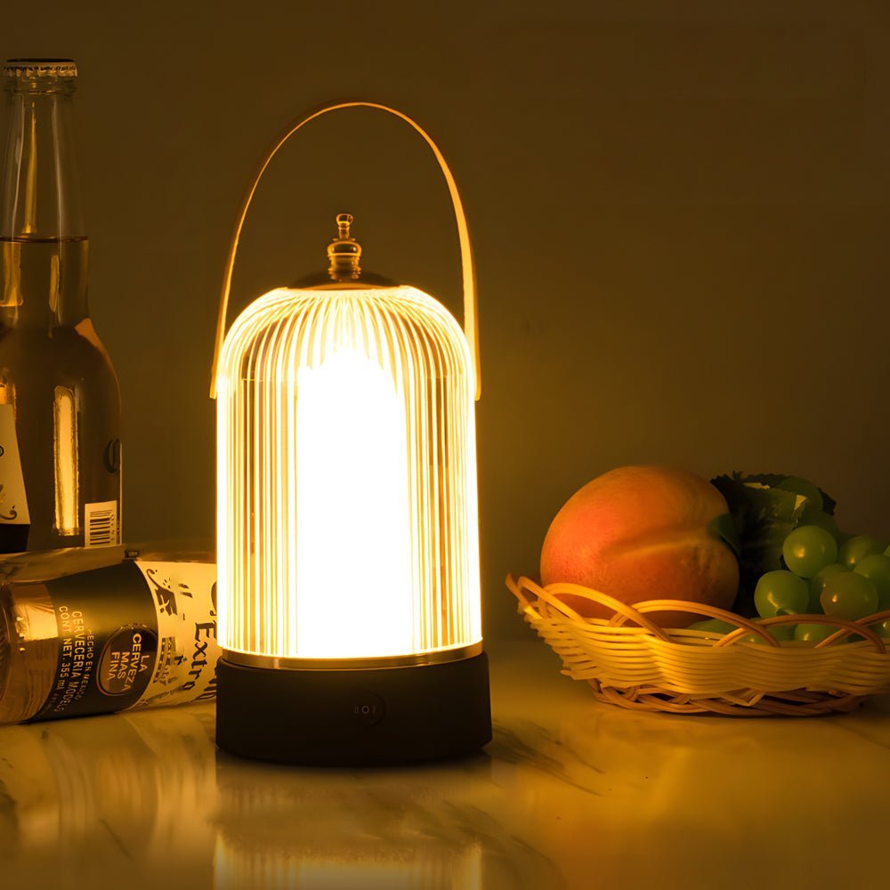 Ribbed Glass Lantern Table Lamp with LED and Handle