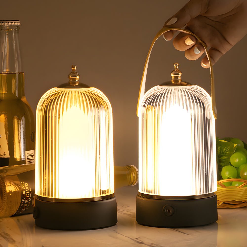 Ribbed Glass Lantern Table Lamp with LED and Handle