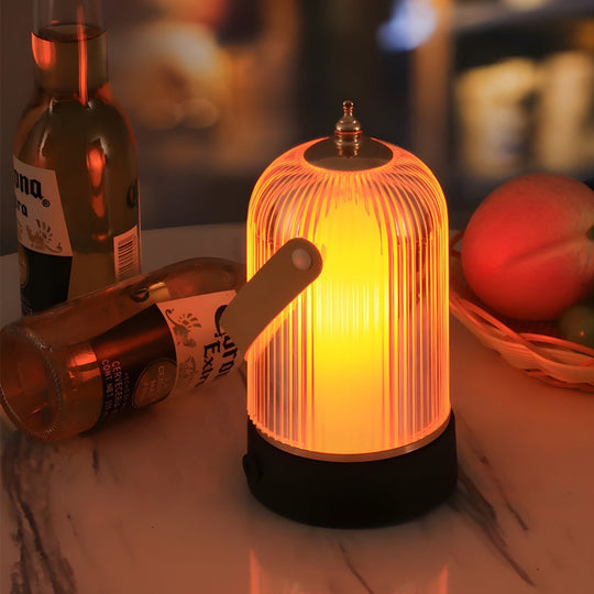 Ribbed Glass Lantern Table Lamp with LED and Handle