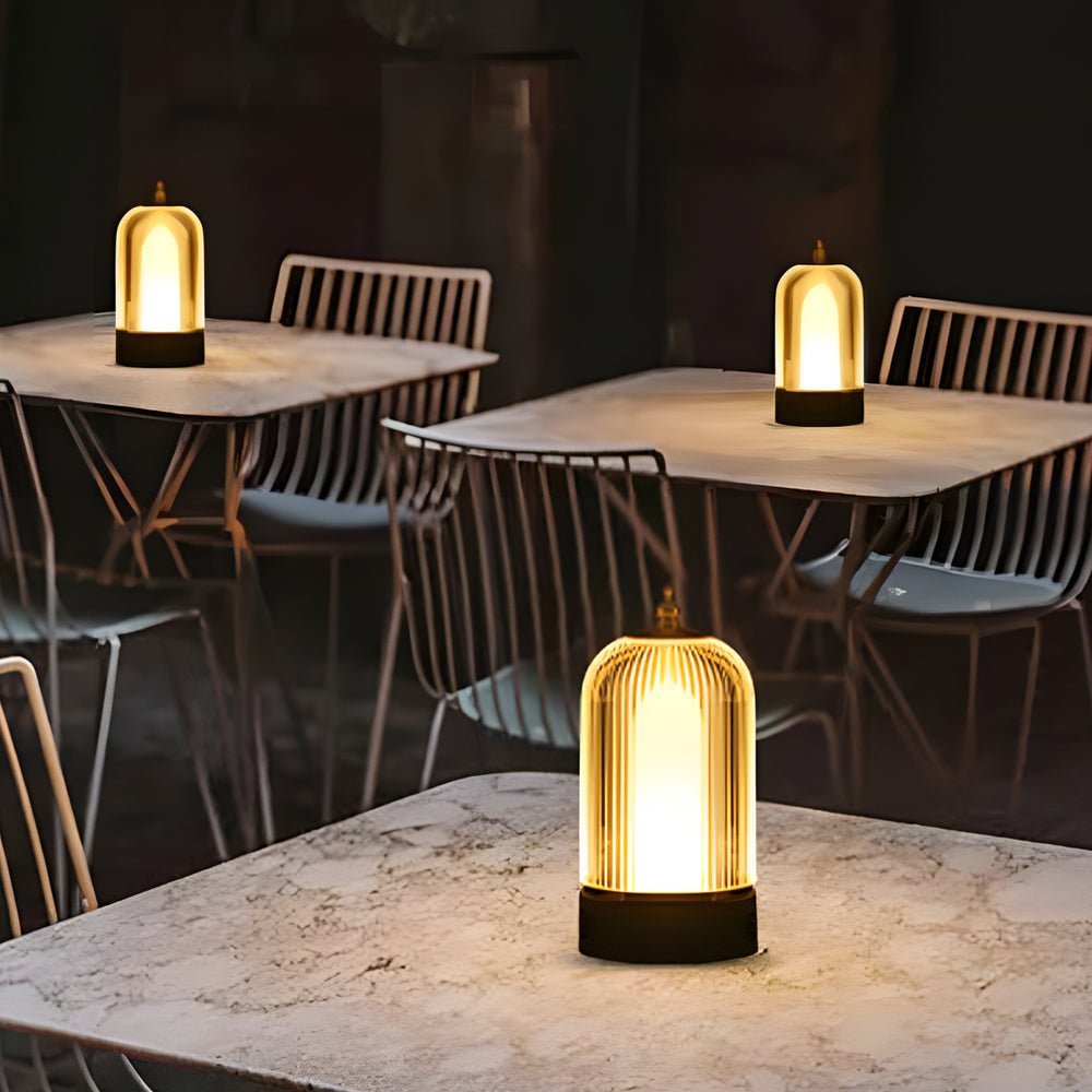 Ribbed Glass Lantern Table Lamp with LED and Handle
