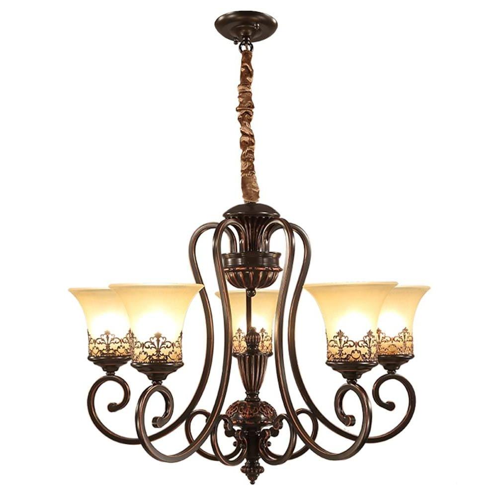 5-Light Bending Metal Bar Upside Down Glass Shade Vintage Chandelier Ceiling Light